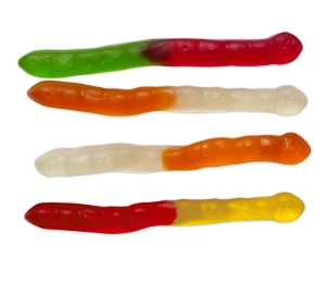 Albanese Gummi Fruity Worms fruit flavored gummy candy in red and green, white and orange, red and yellow