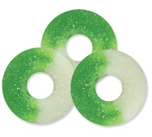 Albanese Granny Smith Green Apple Gummi Rings are sour apple smith gummy candy in green and white