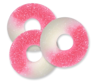 Albanese Ripe Watermelon Gummi Rings are fruit flavored gummy candy in pink and white