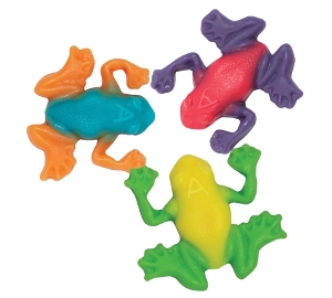 Albanese Rainforest Frogs are gummy candy in blue and orange purple and red green and yellow