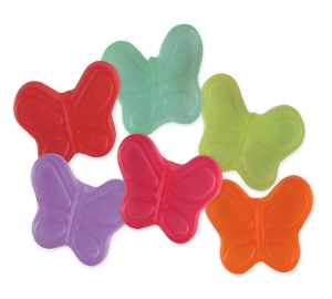 Albanese Mini Butterflies are fruit flavored gummy candy in red blue green pink orange and purple