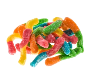 Kervan Neon Worms are sour gummy candy in neon orange neon green neon pink and neon blue