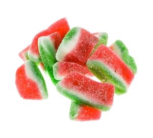 Kervan Watermelon are gummy fruit candy in red white and green
