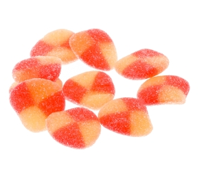 Haribo Gummi Peaches are peach flavored gummy candy in red and yellow.
