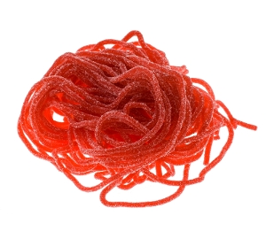 Gustaf's Sour Strawberry Laces licorice candy in red