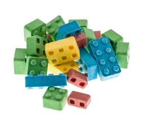 Candy Blox novelty toy candy in yellow blue green pink made with dextrose