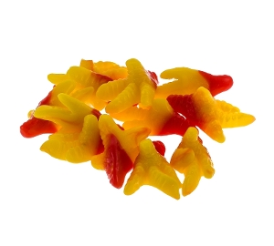 Gummy Chicken Feet are fruit flavored candy in yellow and red
