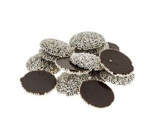 Dark Chocolate Nonpareils are dark chocolate candy with white nonpareils