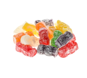 Gustaf's Jelly Babies  are gummy fruity sugar coated candy in red purple green yellow and white