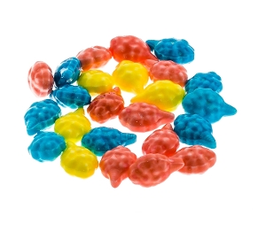 Cotton Candy  hard coated candy in red blue and yellow made with dextrose