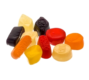 Gustaf's Wine Gums  wine flavored, non-alcoholic candy in purple red orange yellow and white