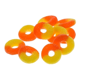 Albanese Passionate Peach Gummi Rings are gummy fruit flavored candy
