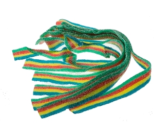 Sour Power Quattro Belts are sour candy coated in sugar from Dorval's colors include blue yellow red green 