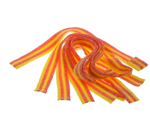 Sour Power Strawberry Banana Candy Belts from dorval's in red and yellow