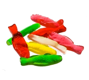 Sugar Free Albanese Assorted Fish  are sugarfree gummy candy in pink white yellow red green
